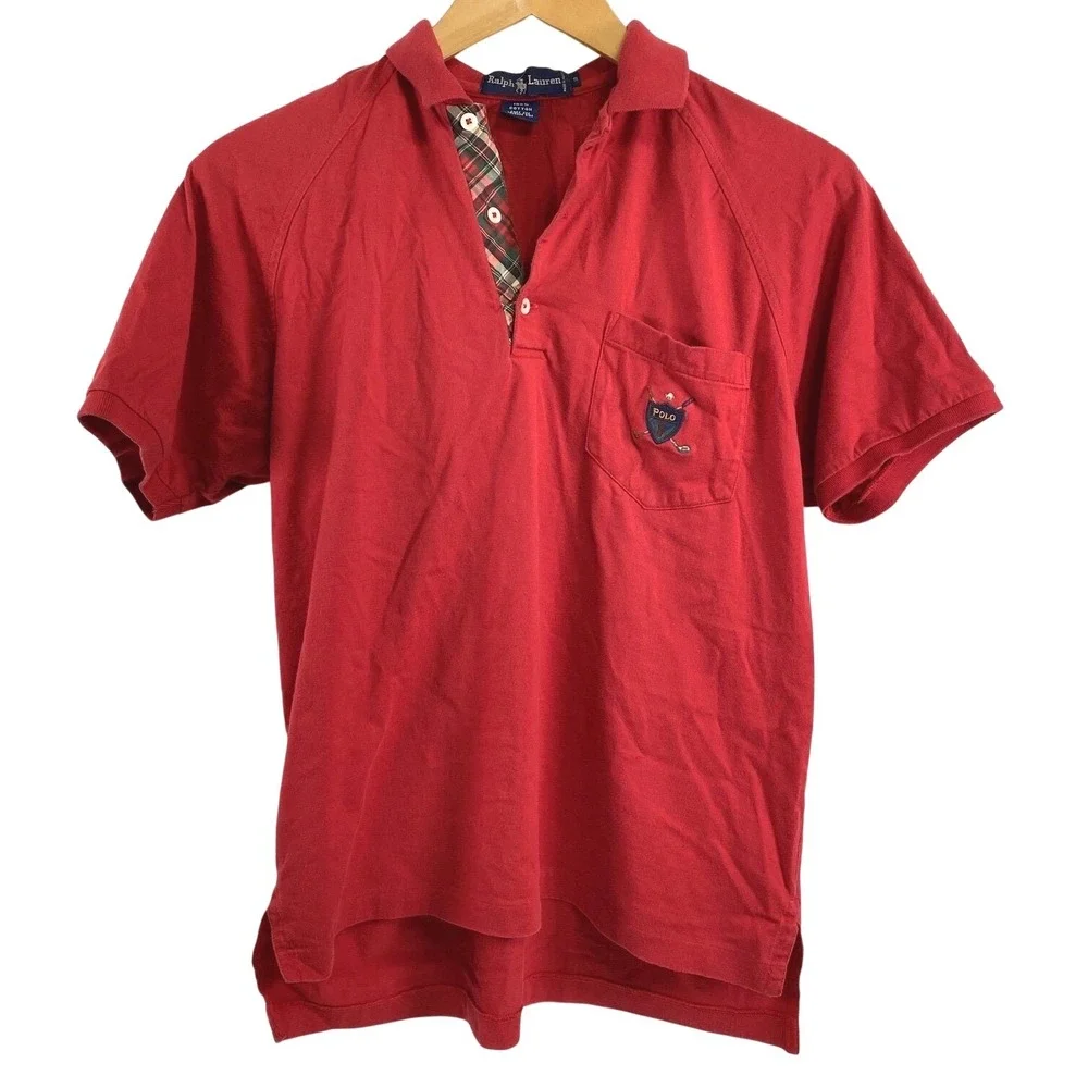 Ralph‎ Lauren Polo Shirt Mens Small Crest Plaid Collar Short Sleeve Pocket